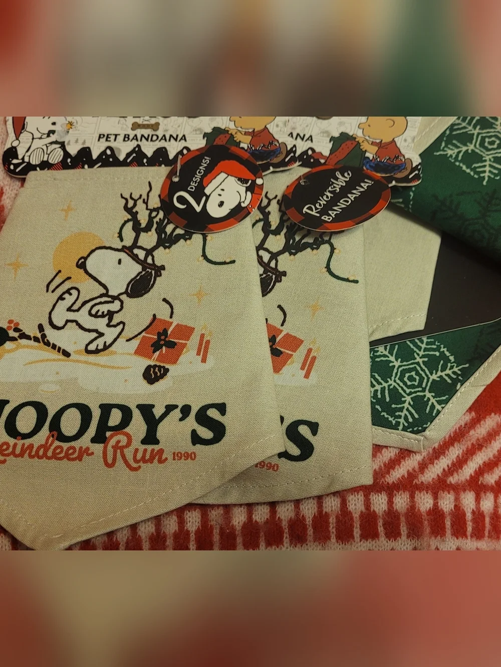 Peanuts, Snoopy Reindeer Run Bandana, Cream And Green